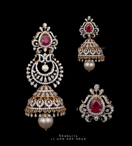 18 carat gold diamond buttalu designs studded with diamonds, rubies and  emeralds by P… | Diamond jewelry earrings, Indian jewellery design earrings,  Diamond jhumkas